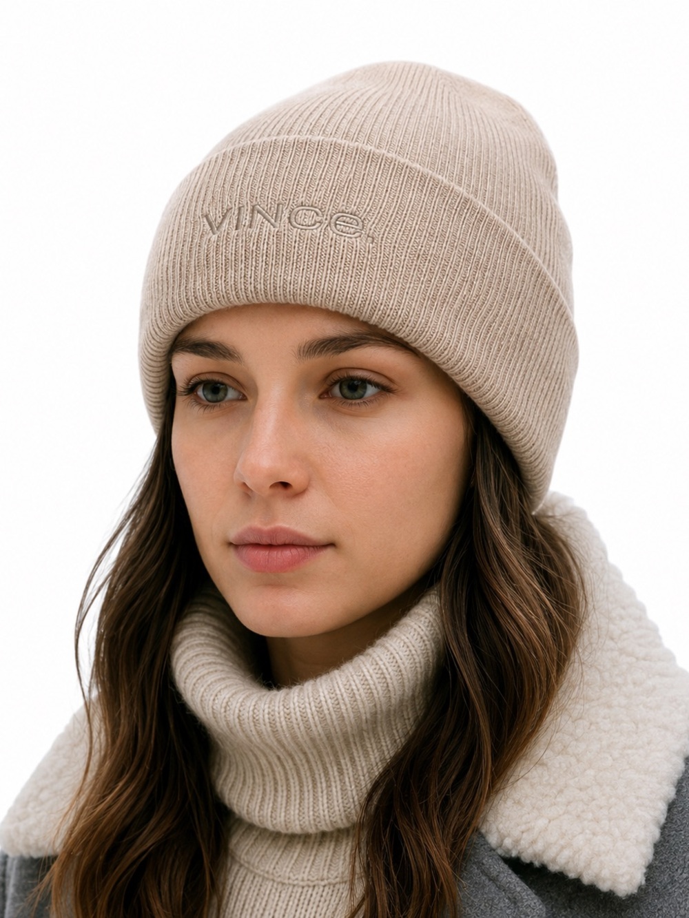 VINCE Wool Cashmere Rib Knit Beanie Hat Embroidered Logo Cuff NEW OS Oatmeal